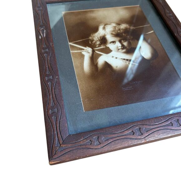 Antique Cupid Awake 1897 Black & White Print M. B. Parkinson carved wood frame - Picture 5 of 13